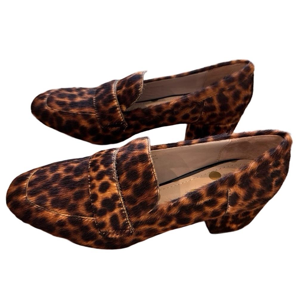 Boden Victoria Mid Heel Calf Hair Leather Loafers Sz 39/8.5 in Cheetah Print EUC